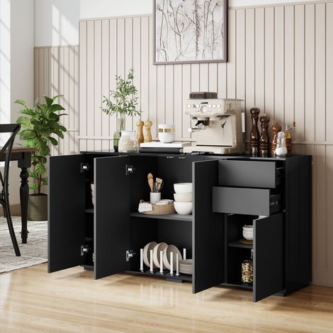 Buffet meuble de rangement 2 tiroirs coulissants 4 portes étagère réglable panneaux de particules 140 x 36 x 74 cm noir (1/5)