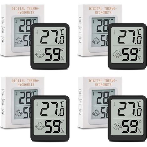 Lot Thermometre Interieur Maison, LCD Mini Digital Thermomètre avec Hygromètre, Mesure de Précision Murale pour Chambre Bébé, Culture et Cave, Noir,Lot de 4