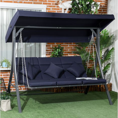Dondolo da giardino 3 posti in ferro blu scuro con tettuccio regolabile e cuscini (1/5)