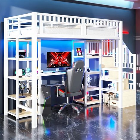 Lit Mezzanine 90x200 cm avec Bureau, Rangement Escalier, LED & USB, Cadre Métal, Blanc (1/5)
