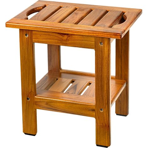 Tabouret Salle de Bain en Teck, Petit Tabouret de Bain à 2 Niveaux Avec étagère de Rangement et Patins Antidérapants, Siège Compact et Imperméable Pour Salle de Bain, Baignoire, Spa (1/5)