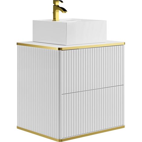Mobile bagno sospeso con scanalature con bordo dorato e lavabo d'appoggio quadrato - Bianco - L60 cm - KELIZA