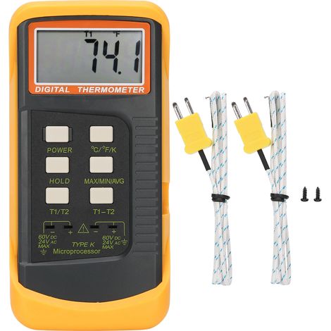 Thermomètre à thermocouple double canal, portable, mesure de température -58°F à 2498°F / -50°C à 1370°C, affichage en °C/°F/K, détecteur de température manuel (1/5)