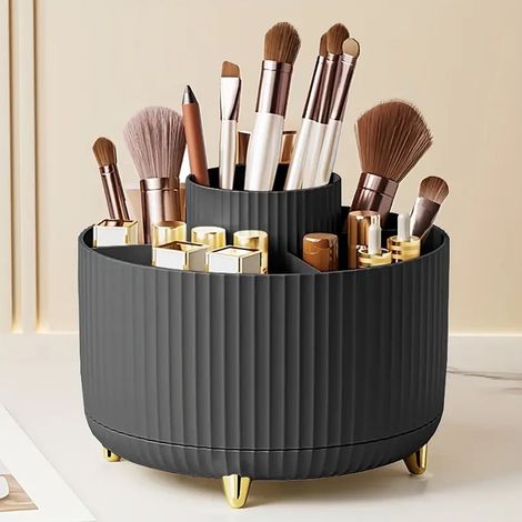 360° drehbarer Make-up-Pinselhalter, Kosmetik-Organizer, Organizer für die Arbeitsplatte, Organizer für Kosmetik- und Hautpflegeprodukte, geeignet für Schminktisch, Schreibtisch, Badezimmer (schwarz)