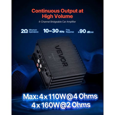 Amplificateur Audio Voiture, Ampli de Puissance à 4 Canaux Pontables, Classe D à Gamme Complète, Max. 4x110 W sous 4 ohms/4x160 W sous 2 ohms, Amplificateur Multicanal Stéréo pour SUV, MPV (1/5)