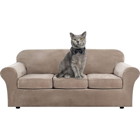 Housse de canapé en velours doux et extensible avec housses de coussin séparées pour canapé 1, 2, 3 places avec sangle antidérapante pour le salon, la chambre à coucher (Camel, 3 places) (1/5)