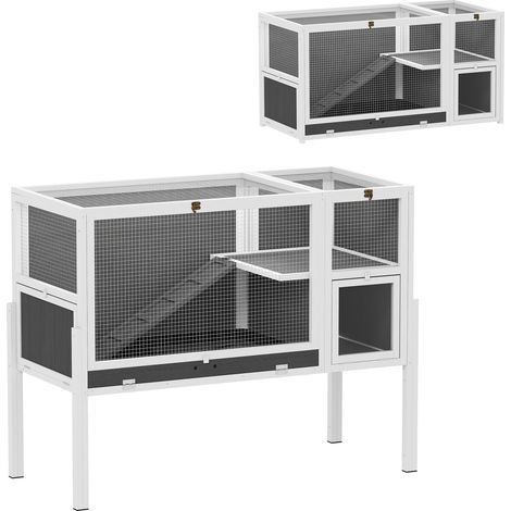 Kleintierstall für Zwerghamster, Kaninchen, Meerschweinchen, mit Zubehör, erhöhtes Design, Holz, Metall, Grau