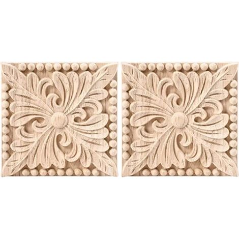 Set aus 2 unbemalten, geschnitzten Holzapplikationen für einen Blumenschrank, 3,94 x 3,94 Zoll