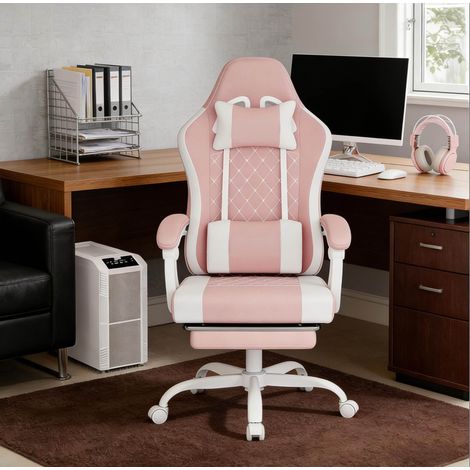 Silla de oficina gaming ergonómica con masaje, reposapiés, rosa y blanco (1/5)