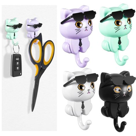Paquete de 4 ganchos autoadhesivos para llaves con forma de gato, creativos, para montar en la pared, sin necesidad de taladrar, para llaves, bolsos, joyas y ropa. (1/5)