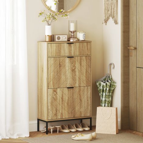 Armoire à chaussures 8 paires, tiroir à glissière et 2 casiers rabattables, étagères réglables, dimensions 60x24x105,5 cm, aspect chêne