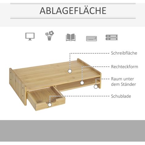 Support de moniteur avec tiroir, rehausseur d'écran PC, support pour ordinateur portable et imprimante, 49 x 25,5 x 11,5 cm, bois naturel