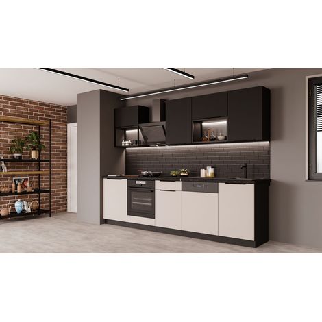 Küche ARONA + SIENA BASIC LOFT 280 cm Küchenzeile Küchenblock Einbauküche Kaschmir beige matt + Schwarz matt (1/5)