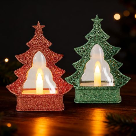 Lot de 2 bougies chauffe-plat LED de Noël perforées - Bougies sans flamme - Décoration de Noël - Mini sapin de Noël - Décoration de table (1/5)