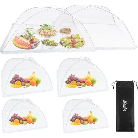 6pcs Cloche Alimentaire Pliable, 3 Couvertures Alimentaires en Maille de Grande Taille Réutilisable, Anti Mouche pour Pique-Nique, Camping, Barbecue, Cuisine Familiale, Blanc (1/5)