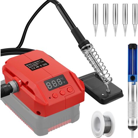 Kit de fer à souder sans fil pour batterie 18 V 60 W LCD Température réglable 180-480 °C, avec interrupteur ON/OFF, tige d'aspiration, fil à souder 50 g, support de fer à souder (1/5)