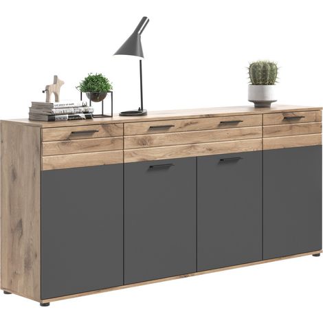Buffet 4 porte, 4 cassetti – Grigio antracite e rovere chiaro – SELMA