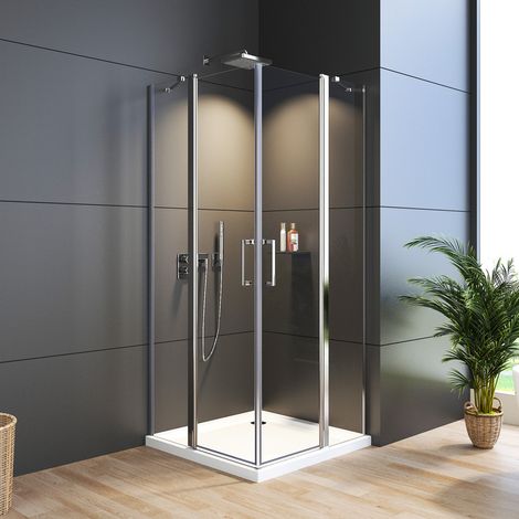 Duschkabine Pendeltür 90x90 cm Eckeinstieg Duschabtrennung Schwingtür mit Fester Segment Eckdusche Doppelter Pendeltüren Dusche, 6mm Nano Glas Duschwand Höhe 185cm