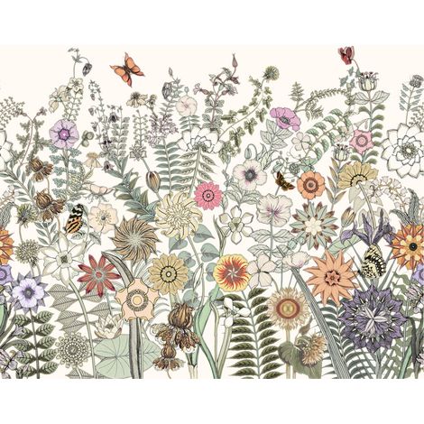 papier peint panoramique fleurs & papillons vert, orange et violet  - ESTAhome (1/5)