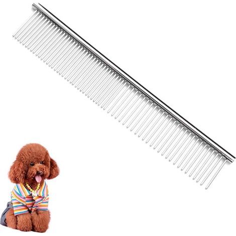 1 peigne pour animaux de compagnie, avec dents arrondies, en acier inoxydable, pour enlever les nœuds et les nœuds, peigne de toilettage pour chats et chiens (19 x 3,3 cm) (1/5)