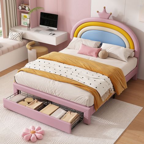 Cama infantil 140x200 cm en PU rosa, cabecero ajustable y almacenaje, sin colchón (1/5)