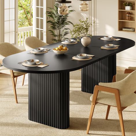 Table de salle à manger extensible ovale 120-160 cm, plateau épais, pieds verticaux texturés, bords arrondis, charge 60 kg, naturel, noir