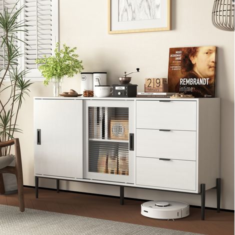 Aparador con puertas correderas de vidrio acanalado y 3 cajones, mueble auxiliar blanco de tablero de partículas para entrada, cocina o salón CHICFURN (1/5)