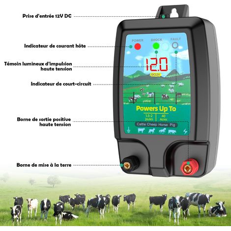 Recinzione elettrica da 10 km per animali, potente elettrificatore per recinzione elettrica da 2 J con schermo LCD, recinzione elettrica impermeabile ad alta potenza per fattoria, giardino, pascolo (1/4)