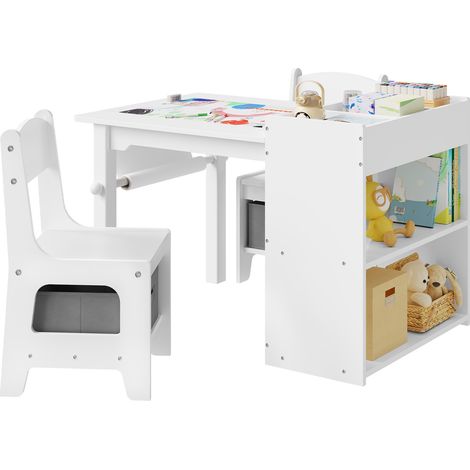 Table Enfant avec 2 Chaises WOLTU, Chaise avec Boîte de Rangement et Dossier, Table Dessin avec Étagère, Porte-Rouleau de Papier, en MDF, Blanc (1/5)