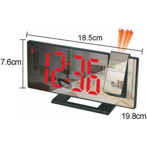 NALOOKAMIC Réveil projecteur, réveil à projection 180°, horloge numérique avec écran miroir LED, port USB, répétition, 4 niveaux de luminosité, 12/24 heures (boîtier noir avec texte rouge),