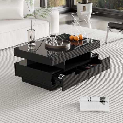 table basse 80x50x36 cm noire – LED, 4 tiroirs, grand rangement (1/5)