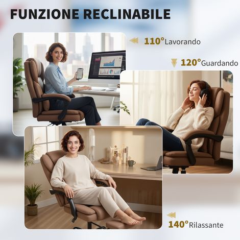 Fauteuil de travail inclinable en cuir synthétique marron, avec repose-jambes et roulettes, dimensions 65x67x111-119 cm, dossier réglable. (1/5)