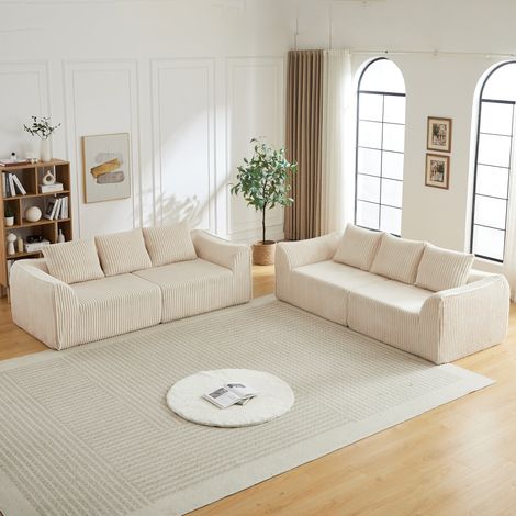 Divano modulare, linee curve, seduta extra ampia, braccioli e schienale arrotondati, tessuto corduroy, beige (1/5)