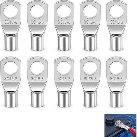 Lot de 10 Cosse à Sertir Tubulaire M8 16 mm², Cosses à Œillet Non Isolées Cuivre Étamé Haute Conductivité pour Câbles Voitures Motos Camions Bateaux et Applications Industrielles Installation Rapide (1/5)