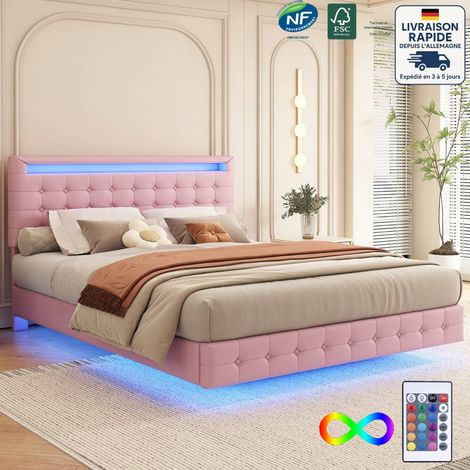 Lit adulte 140x200cm, tissu simili cuir, lit double avec LED, tête de lit réglable en hauteur, sommier à lattes, sans matelas, rose (1/5)