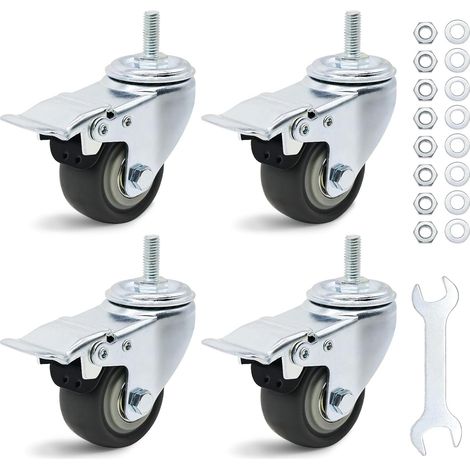 Lot de 4 roulettes pivotantes de 50 mm - Double roulement à billes avec filetage M8 x 20 mm - En caoutchouc antidérapant - Silencieuses - Pivotantes à 360° - Avec frein - Charge totale : (1/5)