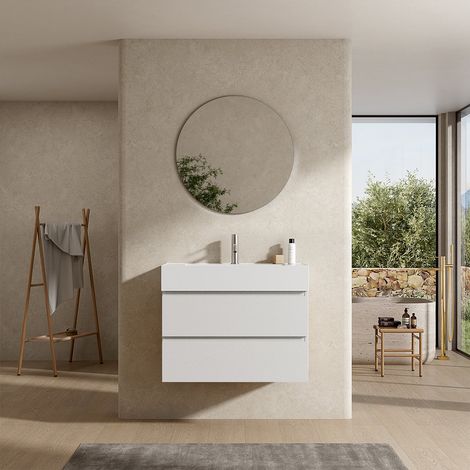 Mobile bagno sospeso 80 cm Bianco Lavabo in Resina Specchio Tondo - Fiji Wood (1/4)
