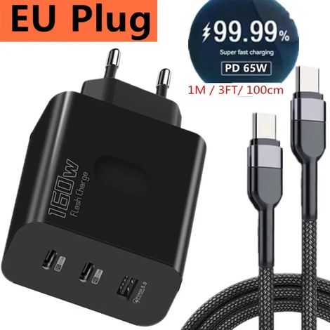 Chargeur USB 160 W, adaptateur de charge rapide USB Type-C Quick Charge 3.0 PD pour téléphones portables compatibles iPhone, Samsung, Xiaomi, Redmi et OPPO. (1/5)