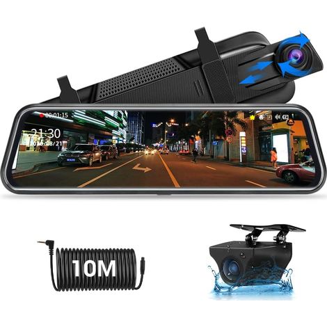 Cámara de visión delantera y trasera de 10 pulgadas con espejo, pantalla táctil, 1080p, transmisión multimedia con cables de 10 m, lente dual, visión nocturna excepcional, gran angular de 170°
