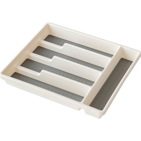 BEBUSINGOTO Organizador de cubiertos, bandeja para cajón, utensilios, cubiertos, organizador de platos para cocina, 5 compartimentos, blanco (1/5)