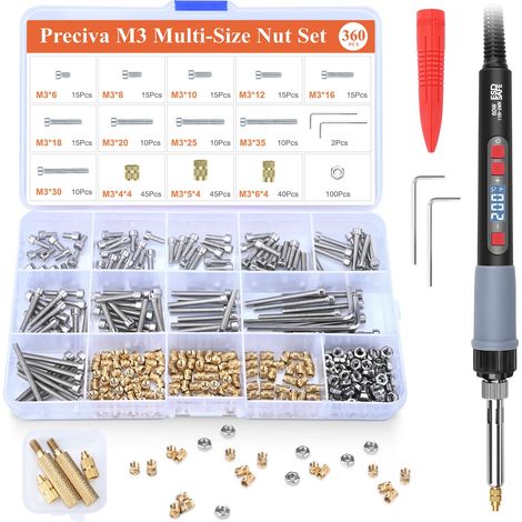 M3 Insert Fileté, Jeu de vis Filetées,Kit de Fer à Souder(200500℃), 360 Pièces Insert Fileté Metal M3 avec vis boulon assorties,Accessoires compatibles avec les Imprimantes 3D (1/5)