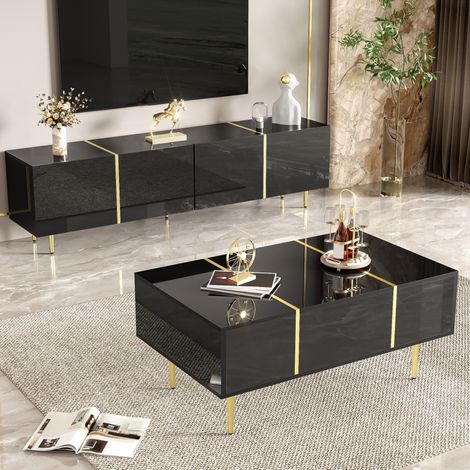 Set mobile TV e tavolino 170x35x46 / 100x60x41.5 cm nero in MDF lucido con ante soft-close e cassetti (1/5)