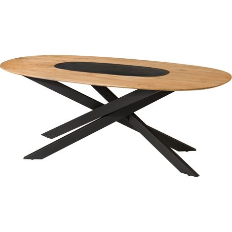 Table à Manger ovale en bois d'Acacia 240x100x76 naturel laqué / pieds Mikado carrés noirs