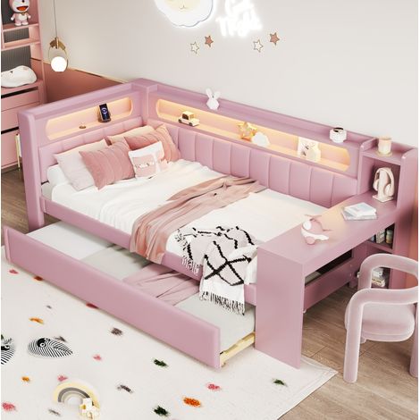 Lit adulte 90x200 avec LED et USB, MDF rose HAVRYA (1/5)