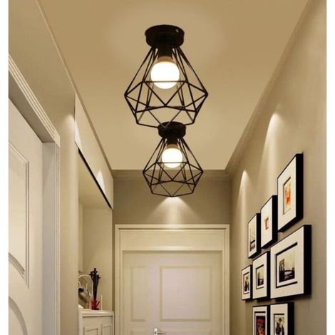 2x Plafonnier Industrielle Cage Diamant en Métal Fer Rétro lustre Suspension Luminaire E27 Noir (1/5)