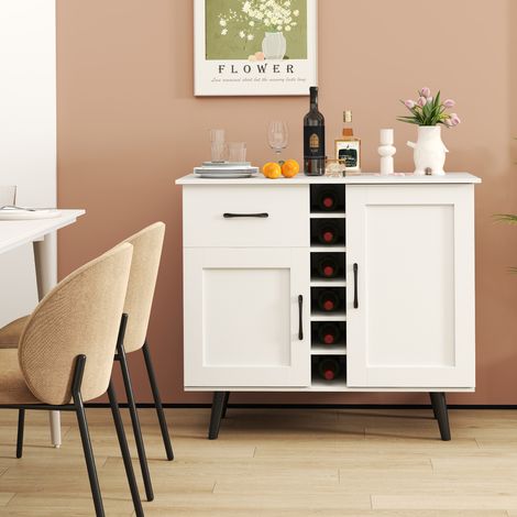 Buffet Meuble Bar de Rangement avec Casier 6 Bouteilles et Tiroir, Pieds Métal Moderne pour Salon et Cuisine, Blanc (1/5)