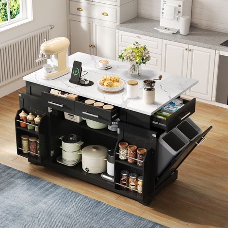 Isola cucina mobile con piano ribaltabile, prese e ruote, 138 x 86 x 92 cm, nera OKMYHOME (1/5)