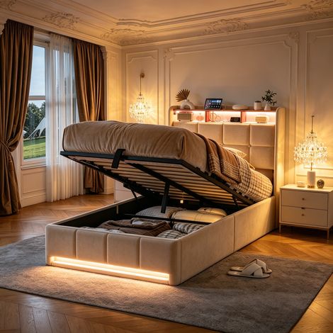 Letto singolo contenitore 90x200 cm in lino con LED regolabile e USB, letto singolo moderno con rete a doghe