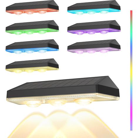 Pack of 8 Solar Wall Lights,3 LED Lens Solar Wall Light,Monocrystalline Panel 9 Modes RGBW IP65,Outdoor Wall Lighting for Fence Garden Balcony Patio  3 LED Beads, Monocrystalline Solar Wall Lamp for W (1/5)
