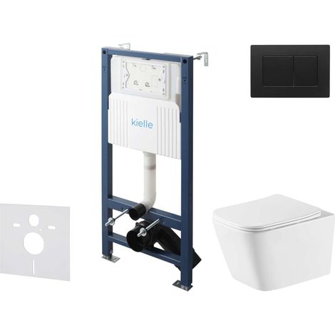 kielle Genesis New - Conjunto de instalación empotrada, inodoro Arkas I, Vortex Rimless+, asiento softclose y pulsador Gemini New III, negro mate 30528SS81